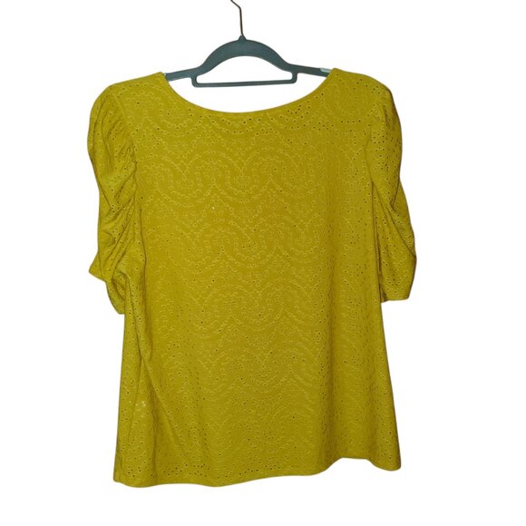 W5 NWT Mustard Yellow Blouse Puff Ruch Sleeve Small Texture Cut Out XL - Picture 2 of 11